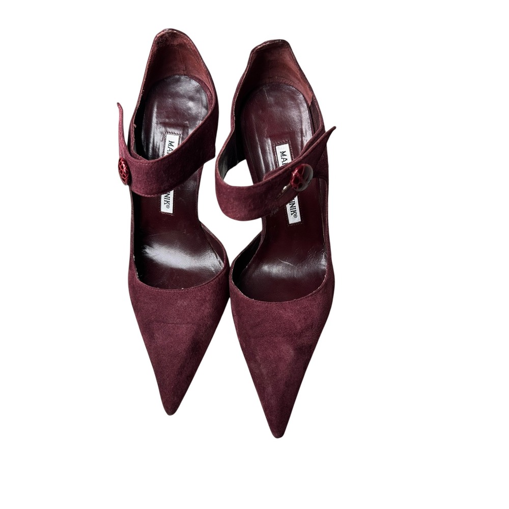 Manolo Blahnik Suede Mary Jane Pointed Toe Pumps Burgundy Size 37 Luxury Heels